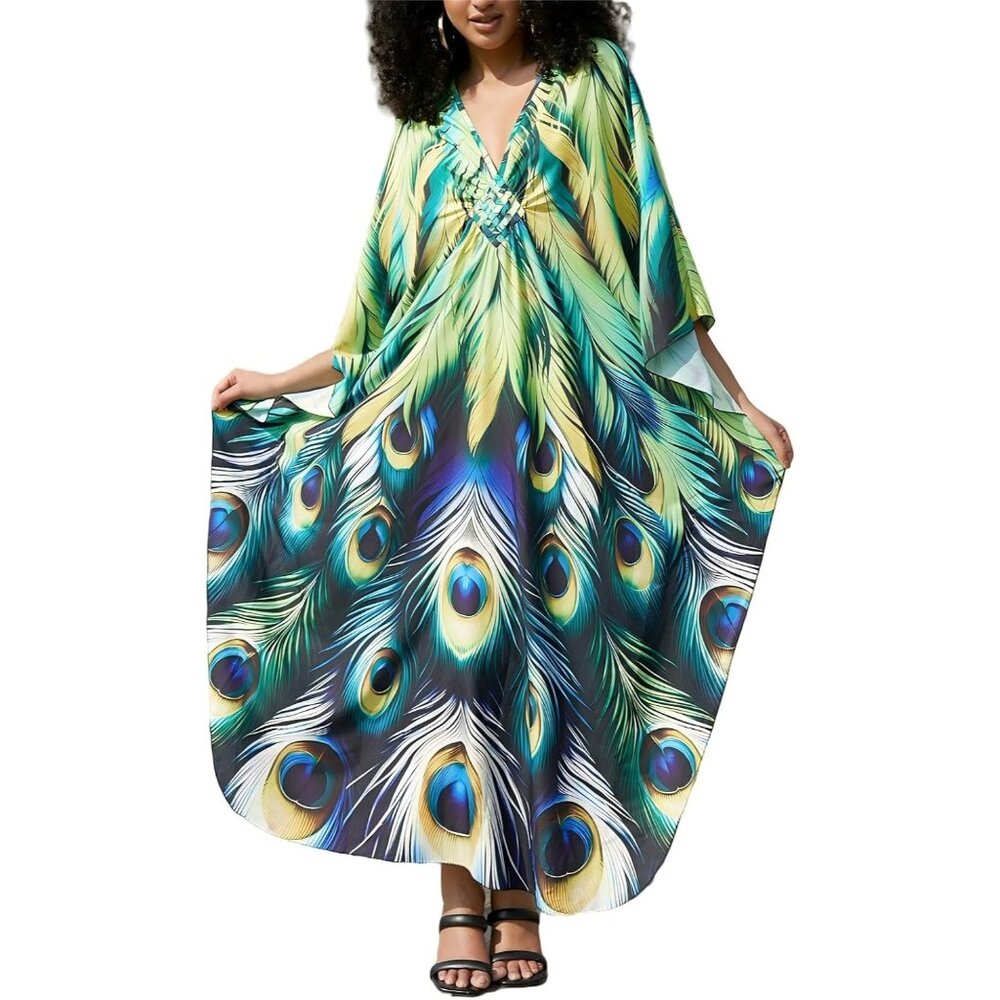 Women Green Feather Sleeve Kaftan Flowy Lightweight loungewear Beach Caftan Maxi